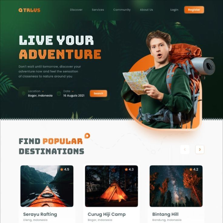 Portada del sitio de la agencia de viajes con un viajero y el mensaje "Live your adventure"