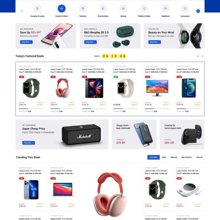 Sección de ofertas del día con relojes, audífonos y tabletas